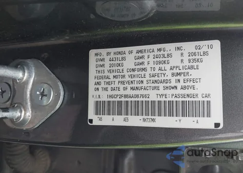 2010 Honda Accord 2.4 Ex-L from USA, damaged, VIN 1HGCP2F88AA087662